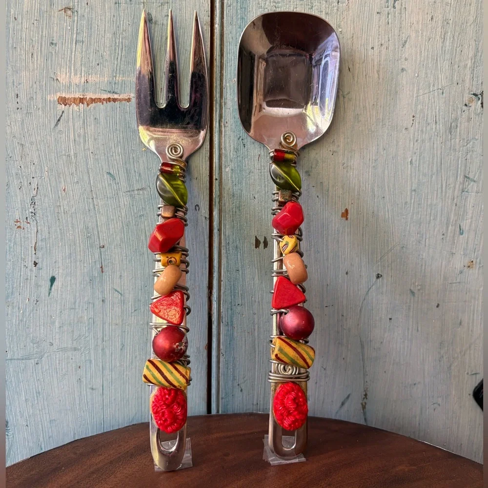 Handcrafted Beaded Serving Set - Orange, Gold, Red and Green - Picture 6 of 7